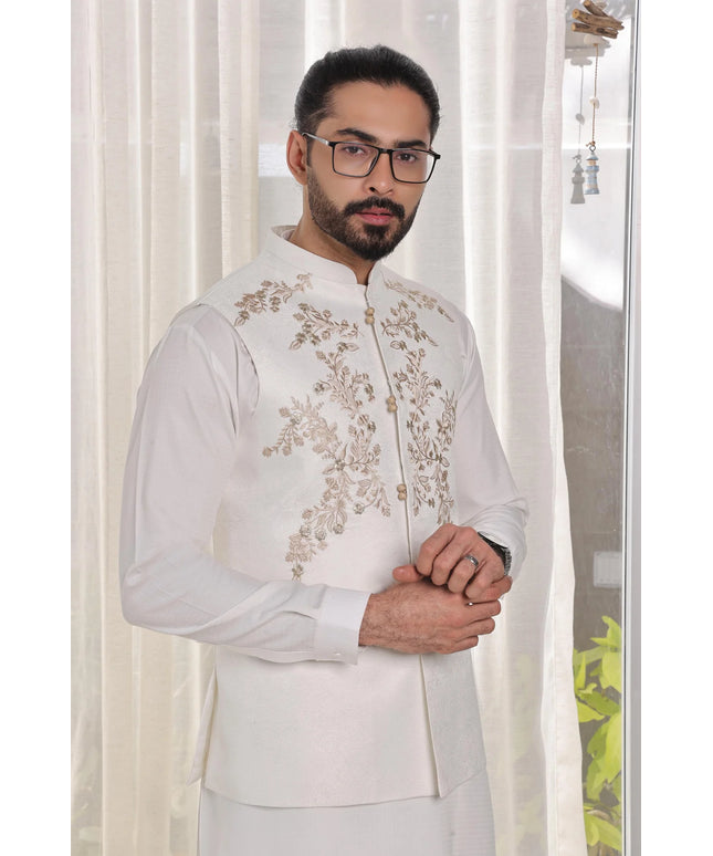 Off White Embroidered Jamawar Waistcoat