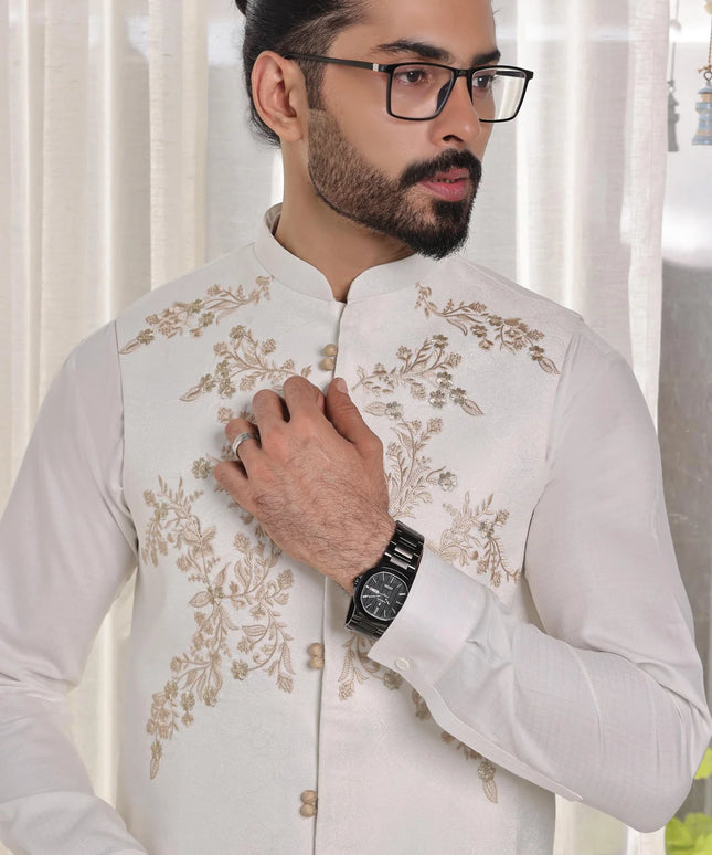 Off White Embroidered Jamawar Waistcoat