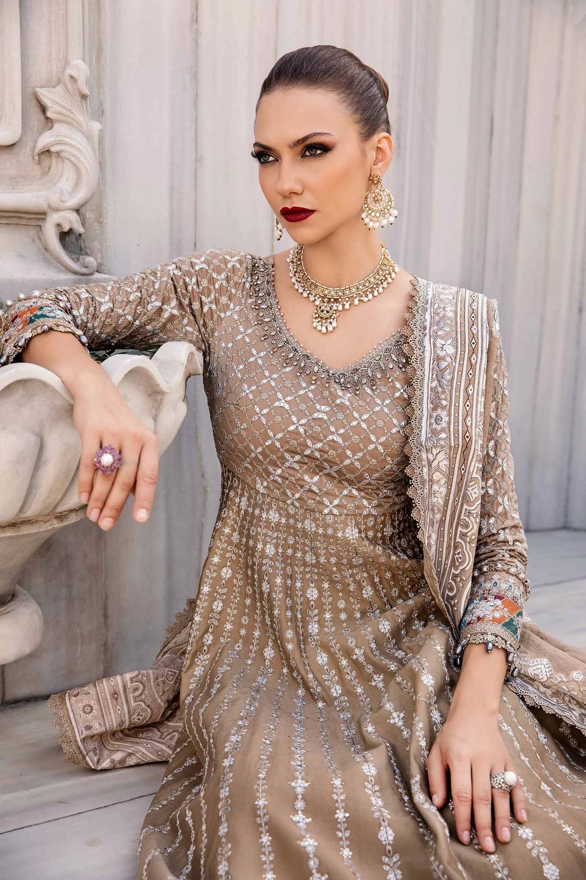 Maria B | Coffee Embroidered Hand Embellished Peshwas Sharara