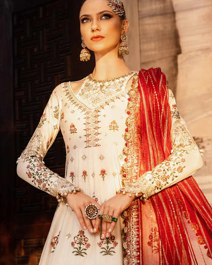Maria B | Ivory Embroidered Cotton Satin Peshwas Lehenga