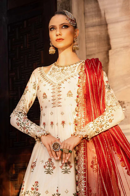 Maria B | Ivory Embroidered Cotton Satin Peshwas Lehenga