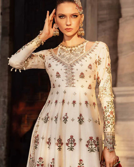 Maria B | Ivory Embroidered Cotton Satin Peshwas Lehenga