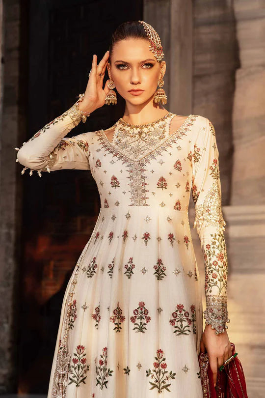 Maria B | Ivory Embroidered Cotton Satin Peshwas Lehenga