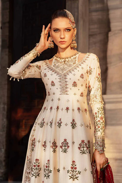 Maria B | Ivory Embroidered Cotton Satin Peshwas Lehenga