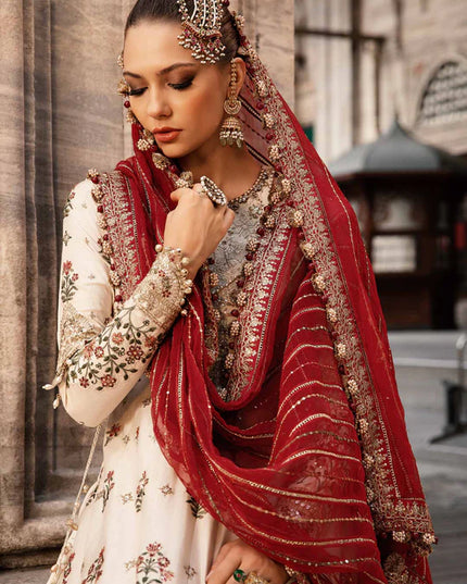 Maria B | Ivory Embroidered Cotton Satin Peshwas Lehenga