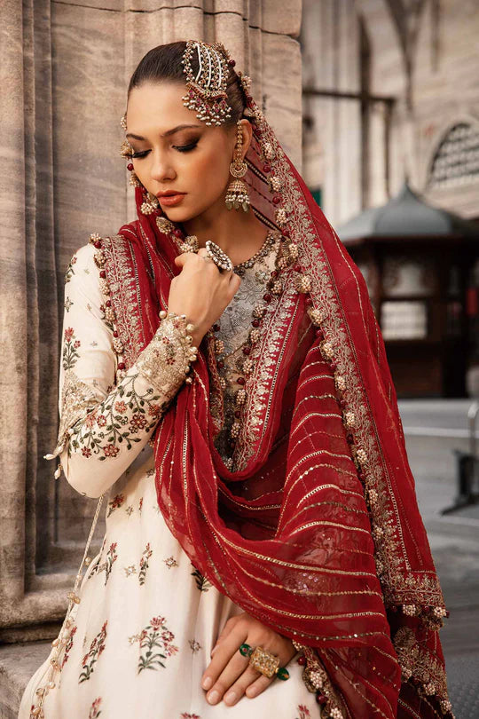 Maria B | Ivory Embroidered Cotton Satin Peshwas Lehenga