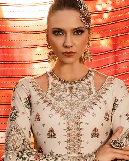 Maria B | Ivory Embroidered Cotton Satin Peshwas Lehenga