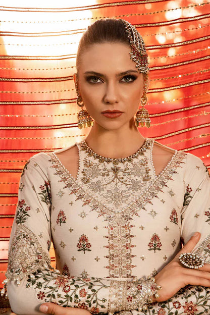Maria B | Ivory Embroidered Cotton Satin Peshwas Lehenga