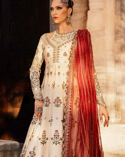 Maria B | Ivory Embroidered Cotton Satin Peshwas Lehenga