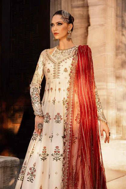 Maria B | Ivory Embroidered Cotton Satin Peshwas Lehenga