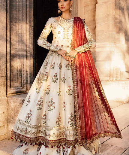 Maria B | Ivory Embroidered Cotton Satin Peshwas Lehenga