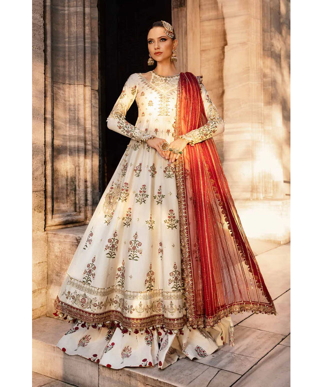 Maria B | Ivory Embroidered Cotton Satin Peshwas Lehenga