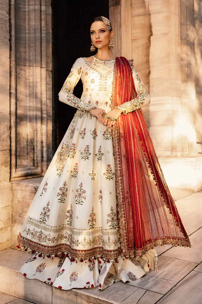 Maria B | Ivory Embroidered Cotton Satin Peshwas Lehenga