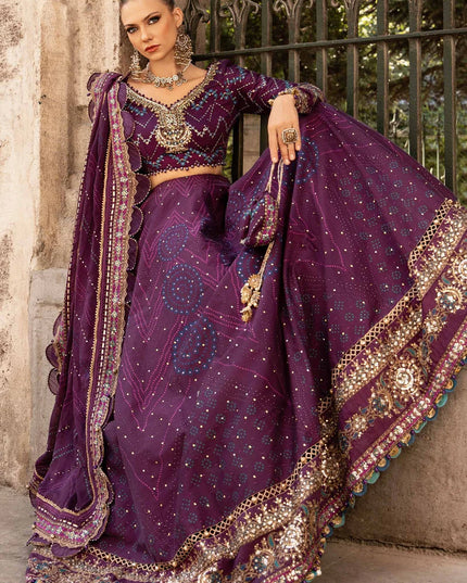 Maria B | Plum Embroidered Embellished Cotton Satin Lehenga