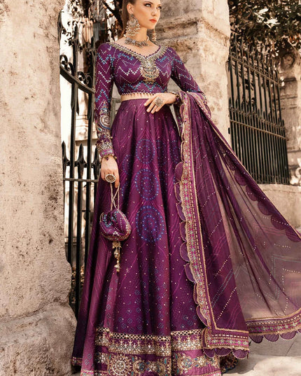 Maria B | Plum Embroidered Embellished Cotton Satin Lehenga