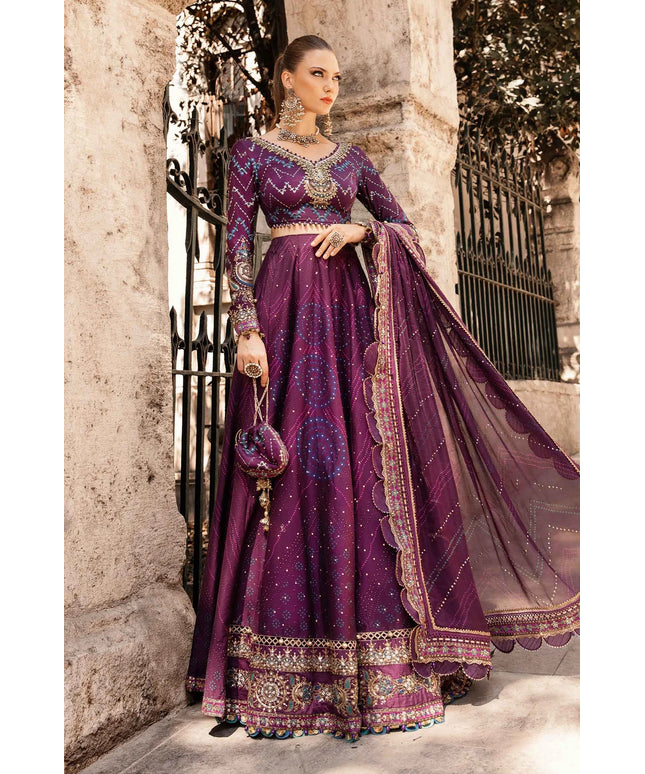 Maria B | Plum Embroidered Embellished Cotton Satin Lehenga