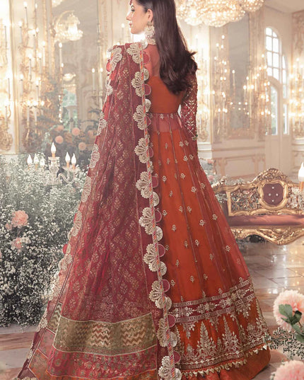 Maria B | Maroon Organza Mbroidered Embellished Lehenga