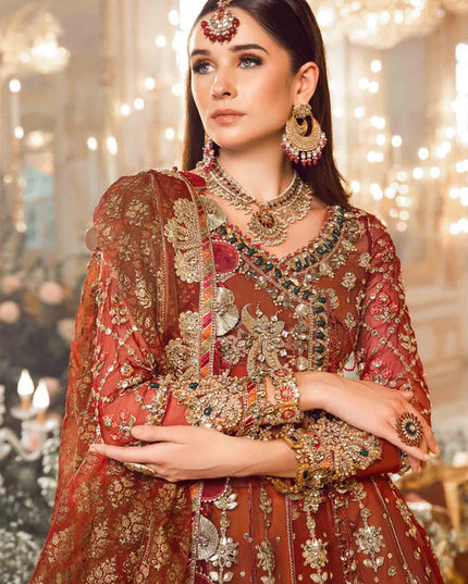 Maria B | Maroon Organza Mbroidered Embellished Lehenga