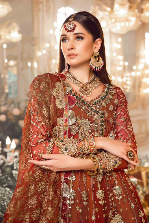 Maria B | Maroon Organza Mbroidered Embellished Lehenga