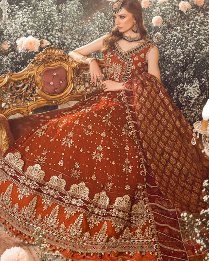 Maria B | Maroon Organza Mbroidered Embellished Lehenga