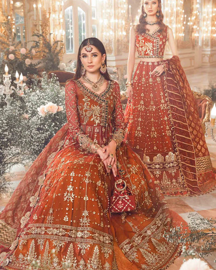 Maria B | Maroon Organza Mbroidered Embellished Lehenga
