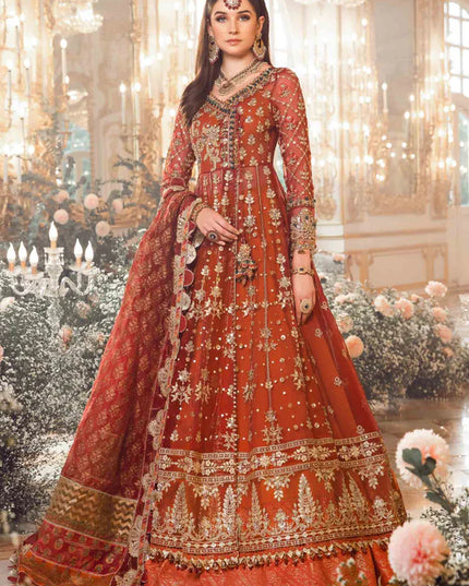 Maria B | Maroon Organza Mbroidered Embellished Lehenga
