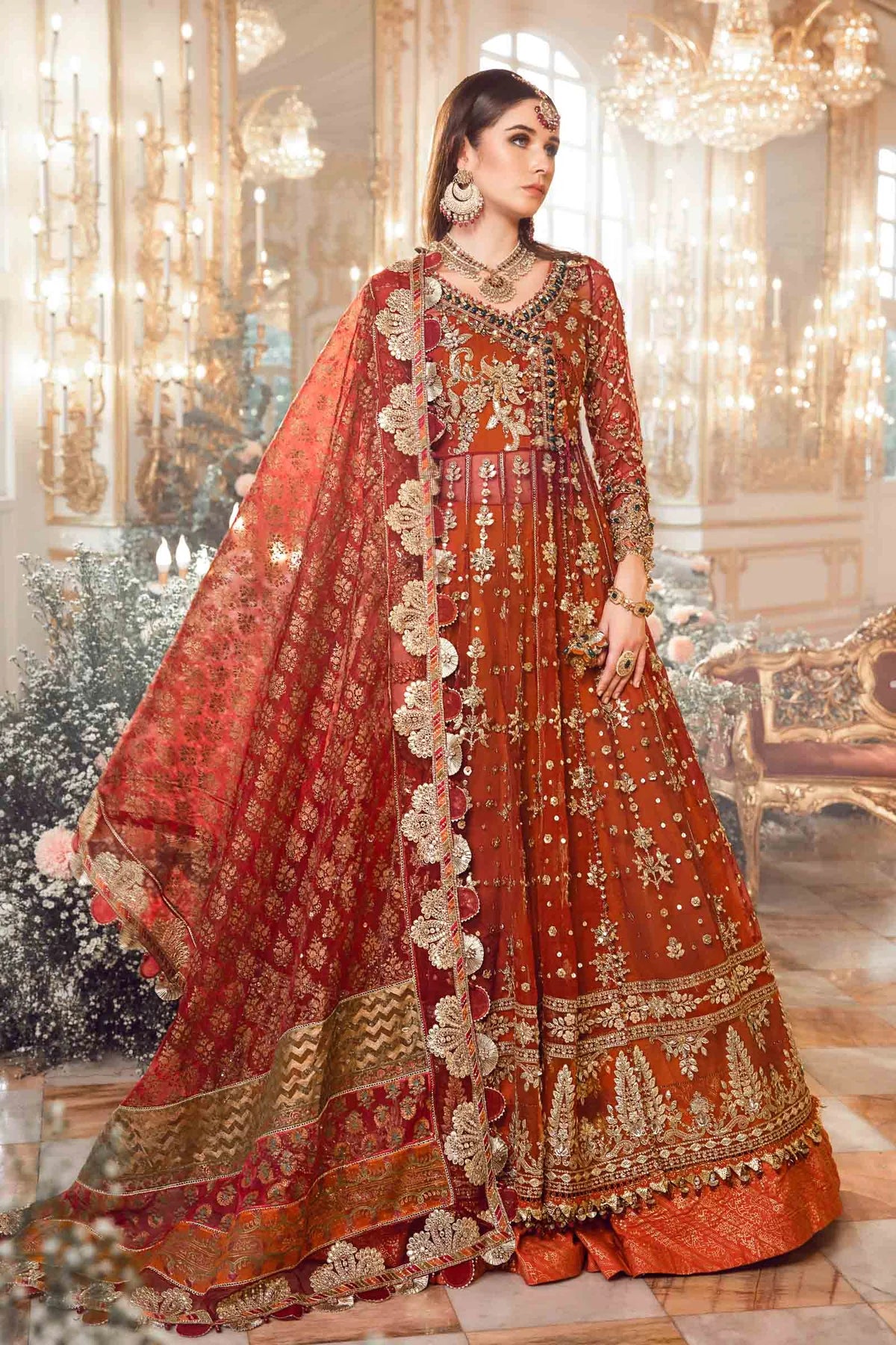 Maria B | Maroon Organza Mbroidered Embellished Lehenga