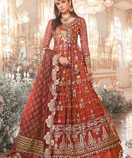 Maria B | Maroon Organza Mbroidered Embellished Lehenga