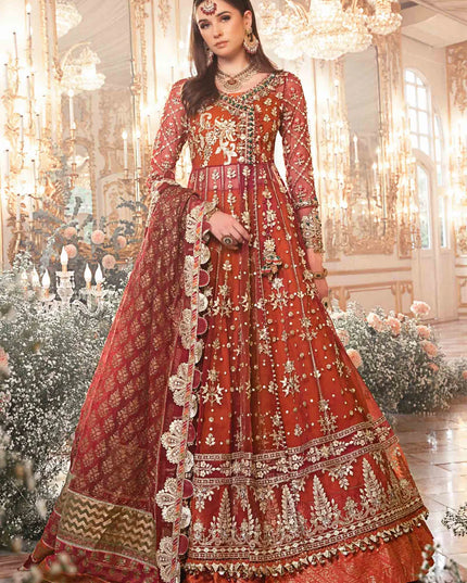 Maria B | Maroon Organza Mbroidered Embellished Lehenga