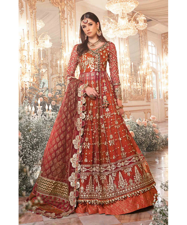 Maria B | Maroon Organza Mbroidered Embellished Lehenga