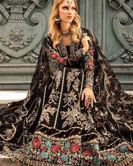 Maria B | Black Embroidered Hand Embellished Cotton Satin Maxi
