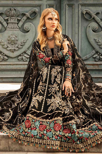 Maria B | Black Embroidered Hand Embellished Cotton Satin Maxi