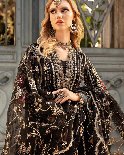 Maria B | Black Embroidered Hand Embellished Cotton Satin Maxi