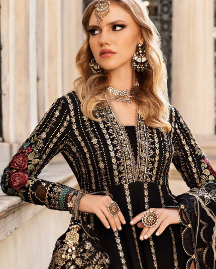 Maria B | Black Embroidered Hand Embellished Cotton Satin Maxi