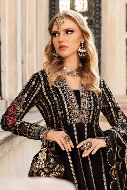 Maria B | Black Embroidered Hand Embellished Cotton Satin Maxi