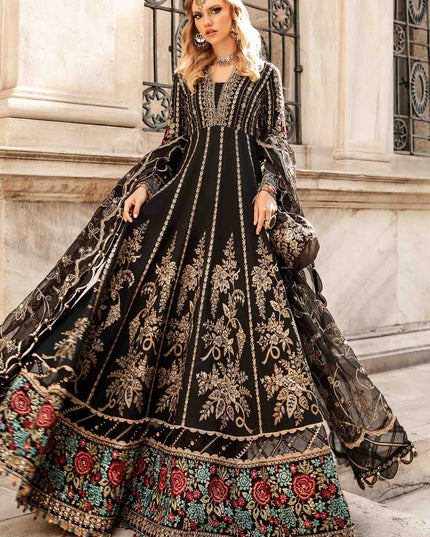 Maria B | Black Embroidered Hand Embellished Cotton Satin Maxi