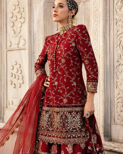 Maria B | Maroon Embroidered Embellished Cotton Jacquard Gharara