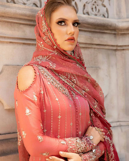 Maria B | Salmon Pink Embroidered Hand Embellished Suit