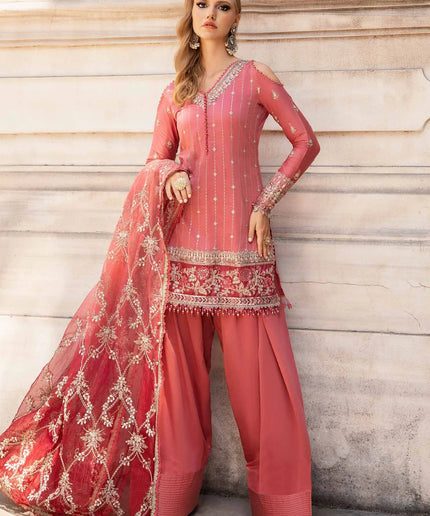 Maria B | Salmon Pink Embroidered Hand Embellished Suit