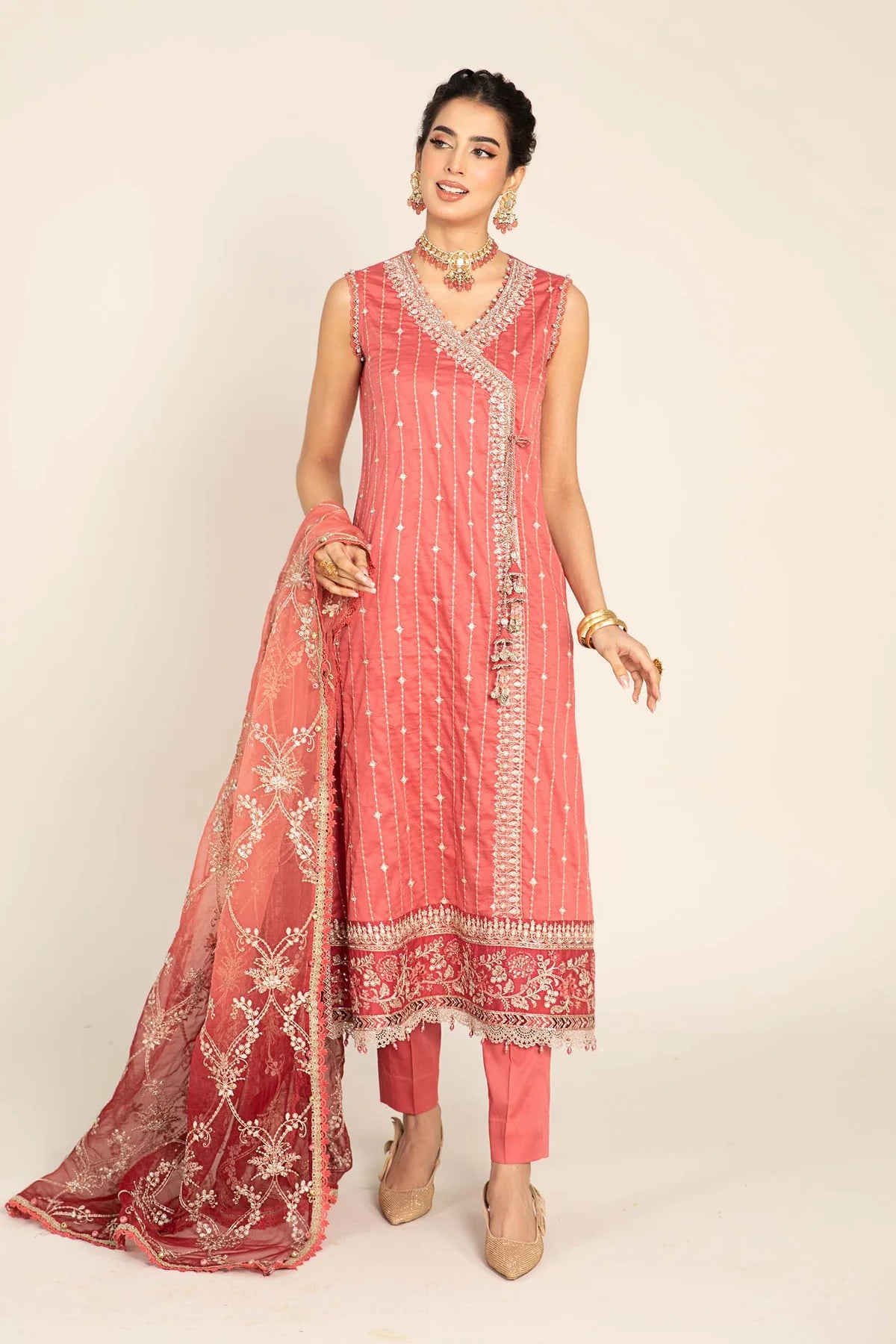 Maria B | Salmon Pink Embroidered Hand Embellished Suit