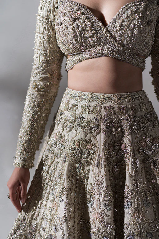Soraya | Off White Tissue Embellished Bridal Lehenga Choli