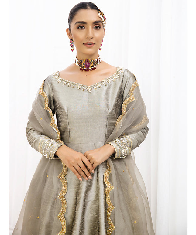 DAREEN | Dull Gold Silk Embellished Pishwas