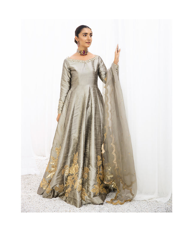 DAREEN | Dull Gold Silk Embellished Pishwas