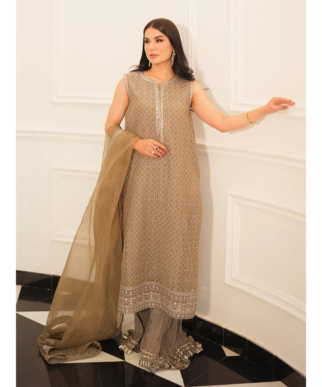 DINA | Brown Embroidered Organza Sharara