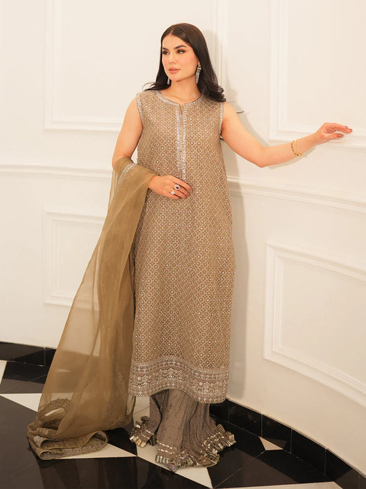 DINA | Brown Embroidered Organza Sharara