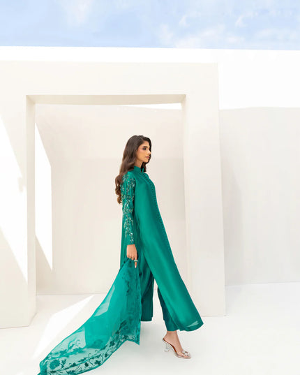 Eleanor | Green Pure Silk Hand Embellished Dress