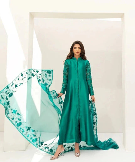 Eleanor | Green Pure Silk Hand Embellished Dress
