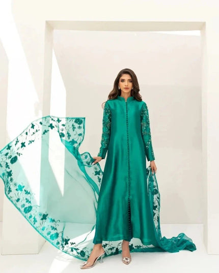 Eleanor | Green Pure Silk Hand Embellished Dress