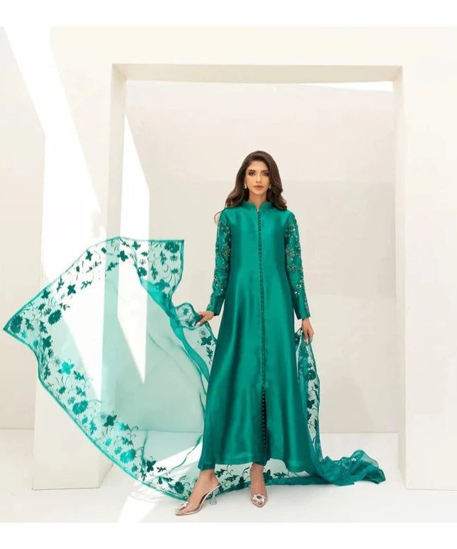Eleanor | Green Pure Silk Hand Embellished Dress