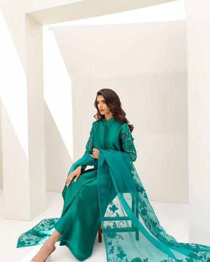 Eleanor | Green Pure Silk Hand Embellished Dress